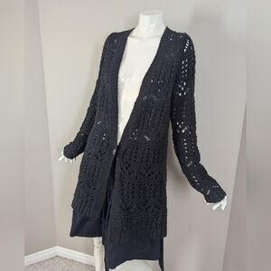 Cozy Open Knit Cardigan Black Chunky Sweater Boho Layering Small